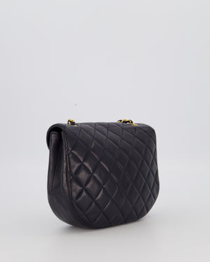 Chanel Navy Vintage Half Moon Flap Bag in Lambskin with 24K Gold Hardware and CC Logo Detail