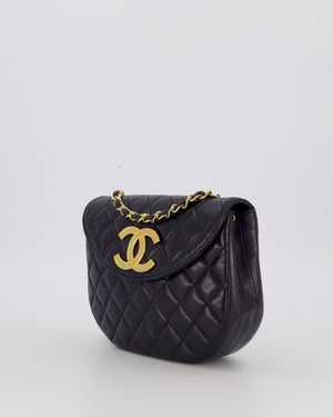 Chanel Navy Vintage Half Moon Flap Bag in Lambskin with 24K Gold Hardware and CC Logo Detail