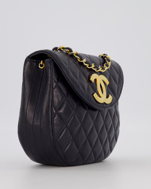 Chanel Navy Vintage Half Moon Flap Bag in Lambskin with 24K Gold Hardware and CC Logo Detail