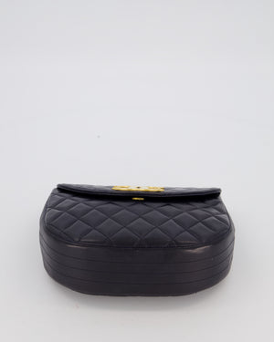 Chanel Navy Vintage Half Moon Flap Bag in Lambskin with 24K Gold Hardware and CC Logo Detail