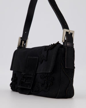 Fendi Black Baguette Floral Appliqué Shoulder Bag in Fabric & Pony Hair with Silver Hardware