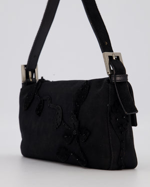 Fendi Black Baguette Floral Appliqué Shoulder Bag in Fabric & Pony Hair with Silver Hardware