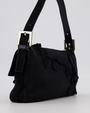 Fendi Black Baguette Floral Appliqué Shoulder Bag in Fabric & Pony Hair with Silver Hardware