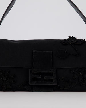 Fendi Black Baguette Floral Appliqué Shoulder Bag in Fabric & Pony Hair with Silver Hardware