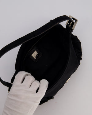 Fendi Black Baguette Floral Appliqué Shoulder Bag in Fabric & Pony Hair with Silver Hardware