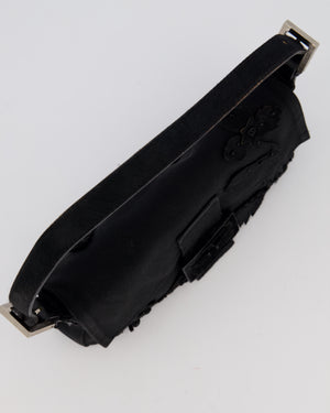 Fendi Black Baguette Floral Appliqué Shoulder Bag in Fabric & Pony Hair with Silver Hardware