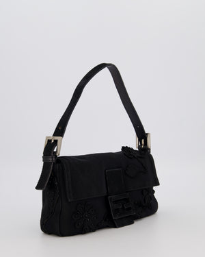 Fendi Black Baguette Floral Appliqué Shoulder Bag in Fabric & Pony Hair with Silver Hardware