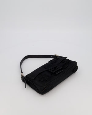 Fendi Black Baguette Floral Appliqué Shoulder Bag in Fabric & Pony Hair with Silver Hardware