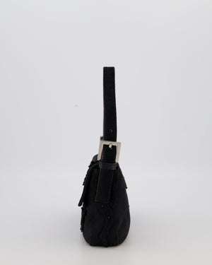 Fendi Black Baguette Floral Appliqué Shoulder Bag in Fabric & Pony Hair with Silver Hardware