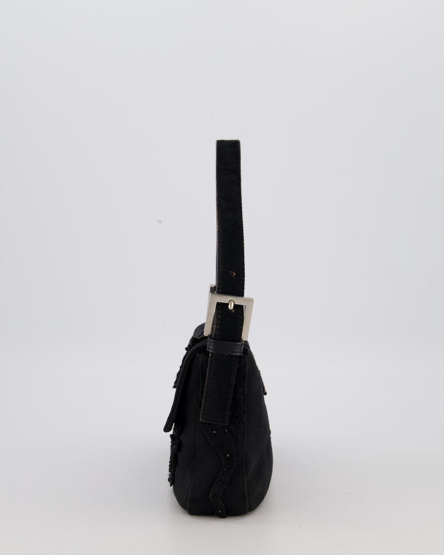 Fendi Black Baguette Floral Appliqué Shoulder Bag in Fabric & Pony Hair with Silver Hardware