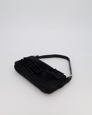 Fendi Black Baguette Floral Appliqué Shoulder Bag in Fabric & Pony Hair with Silver Hardware