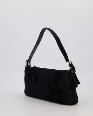 Fendi Black Baguette Floral Appliqué Shoulder Bag in Fabric & Pony Hair with Silver Hardware