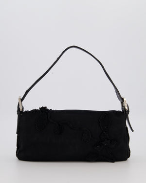 Fendi Black Baguette Floral Appliqué Shoulder Bag in Fabric & Pony Hair with Silver Hardware