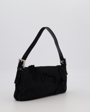 Fendi Black Baguette Floral Appliqué Shoulder Bag in Fabric & Pony Hair with Silver Hardware