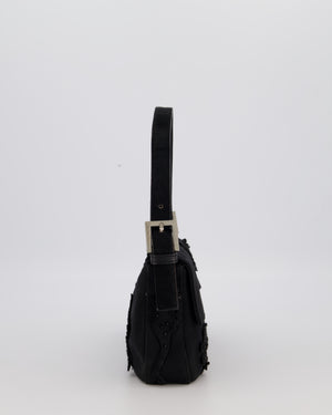 Fendi Black Baguette Floral Appliqué Shoulder Bag in Fabric & Pony Hair with Silver Hardware