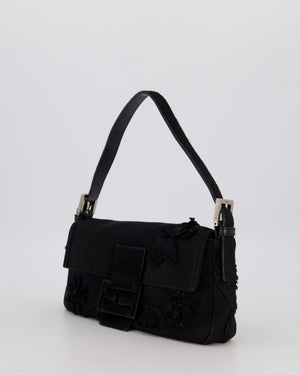 Fendi Black Baguette Floral Appliqué Shoulder Bag in Fabric & Pony Hair with Silver Hardware