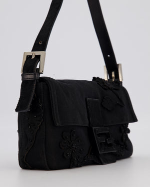 Fendi Black Baguette Floral Appliqué Shoulder Bag in Fabric & Pony Hair with Silver Hardware