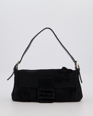 Fendi Black Baguette Floral Appliqué Shoulder Bag in Fabric & Pony Hair with Silver Hardware