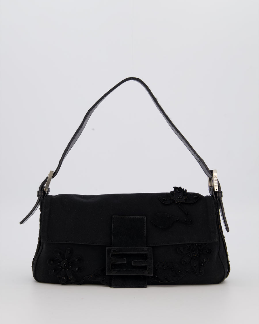 Fendi Black Baguette Floral Appliqué Shoulder Bag in Fabric & Pony Hair with Silver Hardware