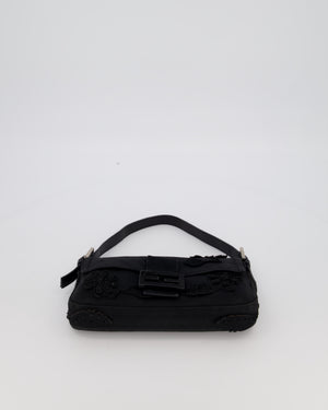 Fendi Black Baguette Floral Appliqué Shoulder Bag in Fabric & Pony Hair with Silver Hardware