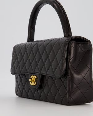 Chanel Black Vintage Top Handle Medium Single Flap Bag in Lambskin Leather with 24K Gold Hardware