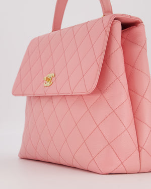 Chanel Baby Pink Vintage Kelly Top Handle Flap Bag in Quilted Caviar Leather with 24K Gold Hardware