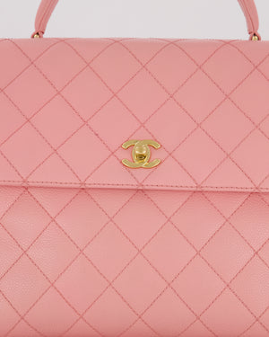 Chanel Baby Pink Vintage Kelly Top Handle Flap Bag in Quilted Caviar Leather with 24K Gold Hardware