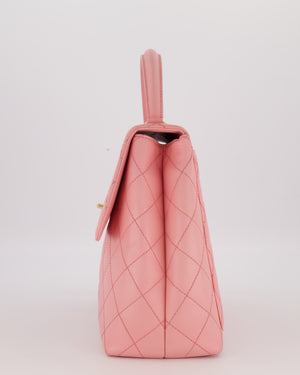 Chanel Baby Pink Vintage Kelly Top Handle Flap Bag in Quilted Caviar Leather with 24K Gold Hardware