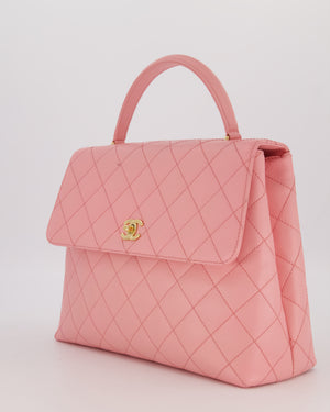 Chanel Baby Pink Vintage Kelly Top Handle Flap Bag in Quilted Caviar Leather with 24K Gold Hardware