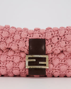 Fendi Pink Wool Crochet Knit Baguette Bag with Pom Pom Detail and Silver Hardware