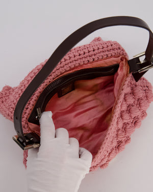 Fendi Pink Wool Crochet Knit Baguette Bag with Pom Pom Detail and Silver Hardware