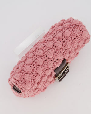 Fendi Pink Wool Crochet Knit Baguette Bag with Pom Pom Detail and Silver Hardware