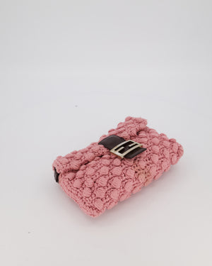 Fendi Pink Wool Crochet Knit Baguette Bag with Pom Pom Detail and Silver Hardware