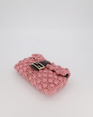 Fendi Pink Wool Crochet Knit Baguette Bag with Pom Pom Detail and Silver Hardware