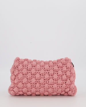 Fendi Pink Wool Crochet Knit Baguette Bag with Pom Pom Detail and Silver Hardware