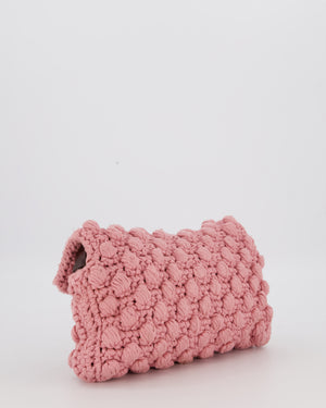Fendi Pink Wool Crochet Knit Baguette Bag with Pom Pom Detail and Silver Hardware