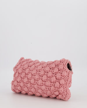 Fendi Pink Wool Crochet Knit Baguette Bag with Pom Pom Detail and Silver Hardware