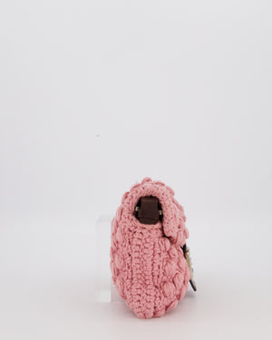 Fendi Pink Wool Crochet Knit Baguette Bag with Pom Pom Detail and Silver Hardware