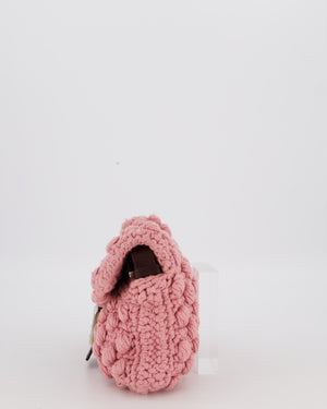 Fendi Pink Wool Crochet Knit Baguette Bag with Pom Pom Detail and Silver Hardware