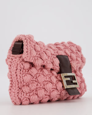 Fendi Pink Wool Crochet Knit Baguette Bag with Pom Pom Detail and Silver Hardware