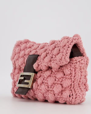 Fendi Pink Wool Crochet Knit Baguette Bag with Pom Pom Detail and Silver Hardware