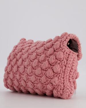 Fendi Pink Wool Crochet Knit Baguette Bag with Pom Pom Detail and Silver Hardware