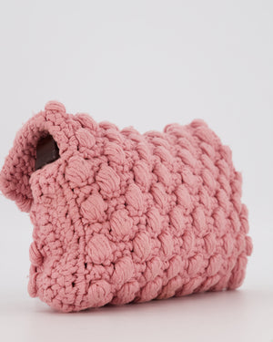 Fendi Pink Wool Crochet Knit Baguette Bag with Pom Pom Detail and Silver Hardware