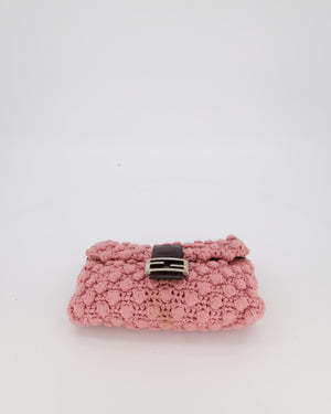 Fendi Pink Wool Crochet Knit Baguette Bag with Pom Pom Detail and Silver Hardware