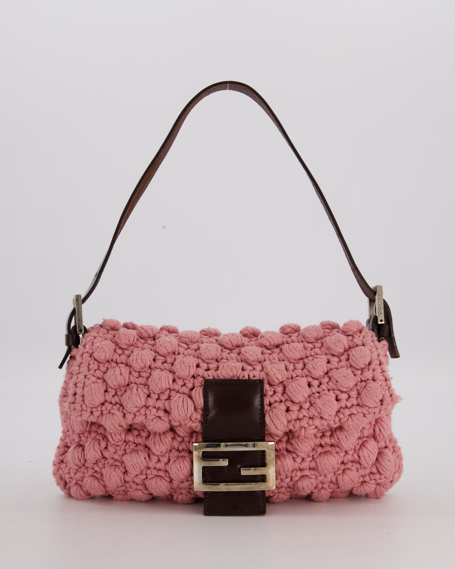 Fendi Pink Wool Crochet Knit Baguette Bag with Pom Pom Detail and Silver Hardware
