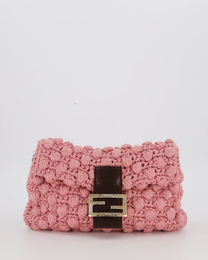 Fendi Pink Wool Crochet Knit Baguette Bag with Pom Pom Detail and Silver Hardware