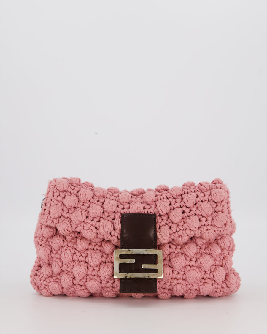Fendi Pink Wool Crochet Knit Baguette Bag with Pom Pom Detail and Silver Hardware