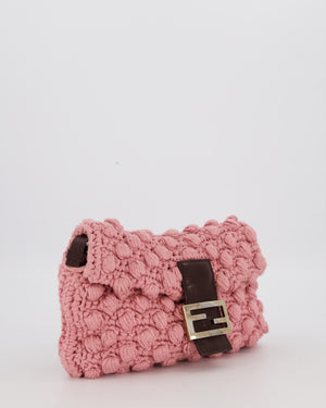Fendi Pink Wool Crochet Knit Baguette Bag with Pom Pom Detail and Silver Hardware