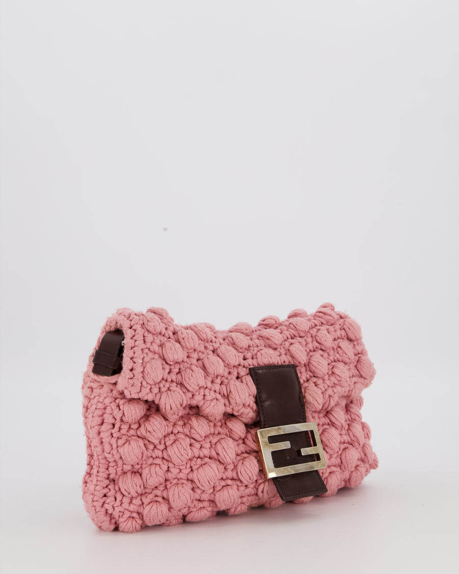 Fendi Pink Wool Crochet Knit Baguette Bag with Pom Pom Detail and Silver Hardware