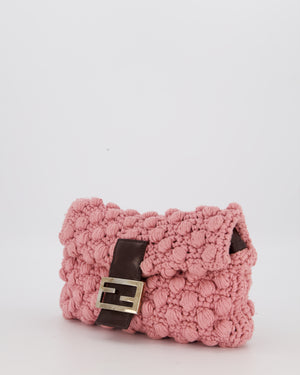 Fendi Pink Wool Crochet Knit Baguette Bag with Pom Pom Detail and Silver Hardware